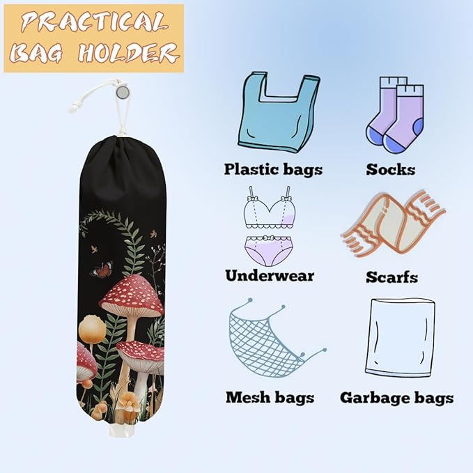 2PCS Mushroom Plastic Bag Holder, Wall Mount Grocery Bag Holder for Plastic Storage bag, Storage Organizer Reusable Grocery Bags, Pull Rope Free Adjustment, Butterfly Gifts for Women Mom Sister