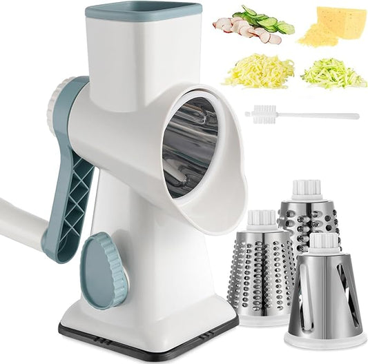 Cheese Grater Hand Crank Rotary Vegetables Shredder with Handle, 3-in-1 Graters with Interchangeable Blades and Strong Suction Base Multifunctional Slicer for Kitchen,white
