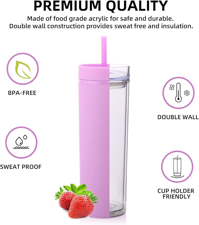 Volhoply 20oz Tumbler with Lid and Straw 8 Pack,Double Wall Plastic Skinny Tumblers Bulk,Reusable Travel Coffee Mug,BPA Free Matte Acrylic Water Cups With Straw for Party,DIY Gifts(Assorted, 8 Set)