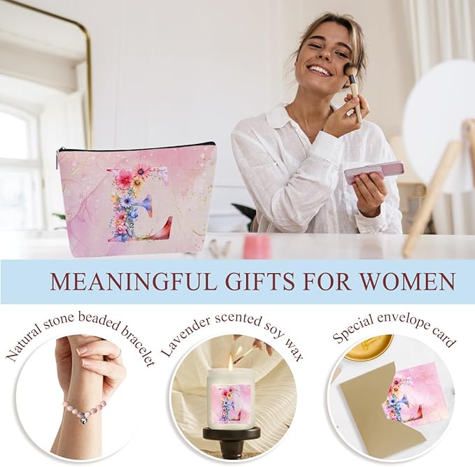 Personalized Gifts Monogrammed Birthday Gifts for Women, Daughter Bestie Friendship Christmas Halloween Initial Wine Tumbler Makeup Bag Scented Candle Bracelet Set, (Aesthetic Pink Flower E)