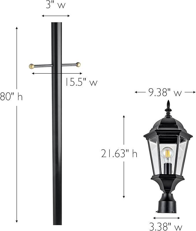 Design House Oak Creek Outdoor Post Light Fixture, Exterior Lamp Post Light, Black, Clear Glass, Includes Lamp Post, Cross Arm, 9.38 in W x 21.63 in H, 589853