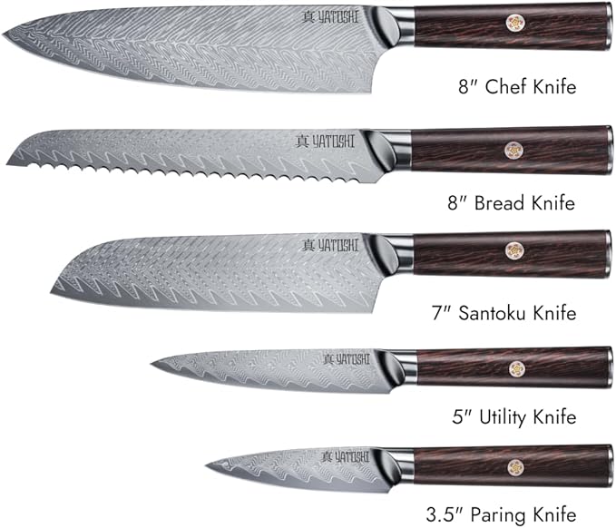 Yatoshi Knives Magnetic Kitchen Knife Block Set - Japanese 67 Layer High-Grade VG-10 Steel Knives, Sharp, G10 Handle Professional Kitchen Knife Set - Damascus (6 pieces), Brown Pakkawood Handles