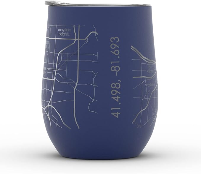 Well Told Engraved Cleveland Ohio Map Insulated Wine Tumbler, Etched Stainless Steel Cup (12 oz, Midnight Blue) City Map Insulated Tumbler, Custom Insulated Tumbler, Outdoor Drinkware