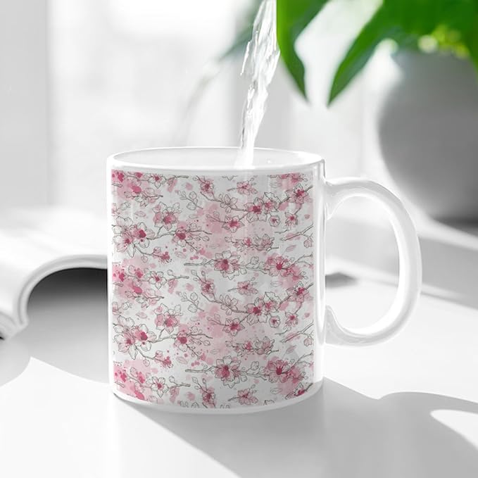 Coffee Mugs Ceramic Latte Mug with Handle Almond Blossom Pattern 11 OZ for Men Women for Latte Cappuccino Cocoa Milk Dishwasher & Microwave Safe