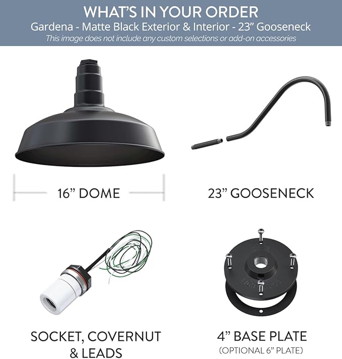 Steel Lighting Co. | Dusk to Dawn | Gardena Barn Light | Outdoor Wall Mounted | 16" Dome | 23" Gooseneck | Farmhouse Light Made in America | Matte Black Exterior/Matte Black Exterior