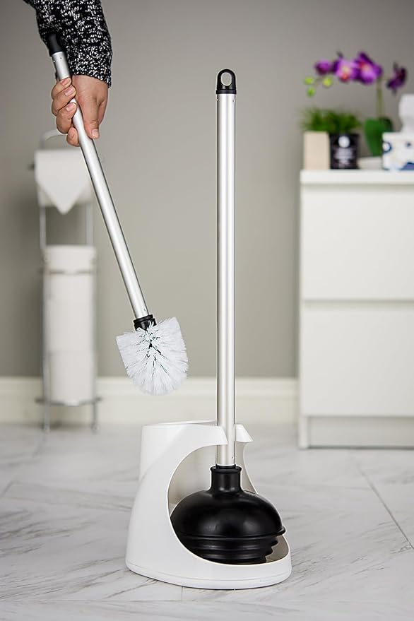 NEIKO 60167A Toilet Plunger with Holder for Brush and Bathroom Plunger Set, Clean Aluminum Handle, White Plunger Caddy, Toilet Brush Set for Cleaning Toilet Bowl