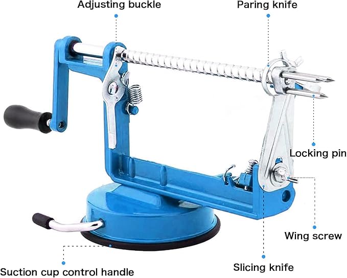 Apple Peeler Corer, Long lasting Chrome Cast Iron Apple Peeler Slicer Corer with Stainless Steel Blades and Powerful Suction Base for Apples and Potato(Blue)