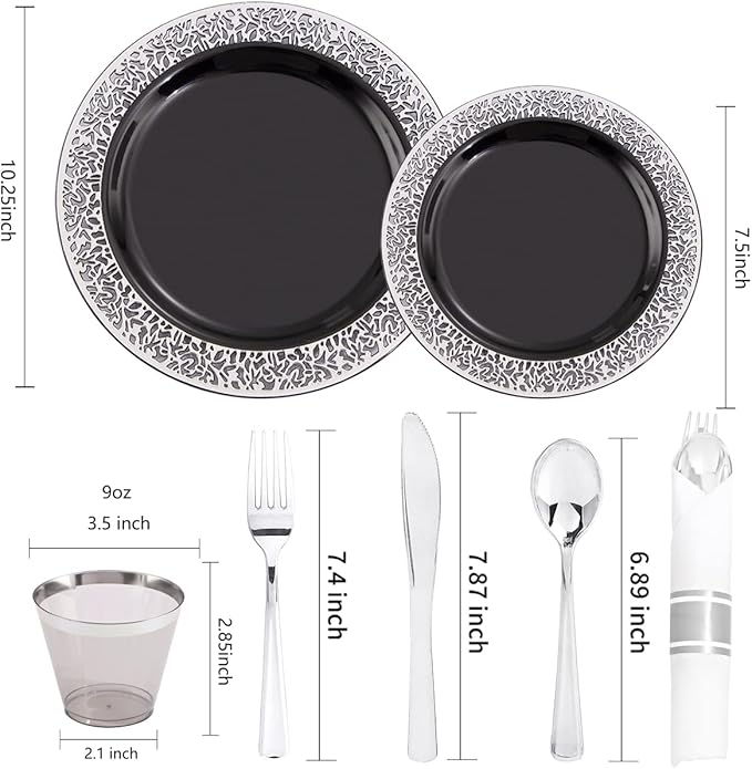 NOCCUR 210PCS Black and Silver Dinnerware Set for 30 Guests - Black Plastic Plates with Silver Rim Include 30 Dinner / 30 Dessert Plates, 30 Prewrapped Silverware, 30 Cups Ideal for Party/New Year