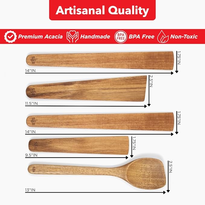 SLATE & ROYCE 5-Piece Acacia Wood Utencil Set, Non-Toxic Wooden Kitchen Tools with Tapered Edges, Heat-Resistant, For Non-Stick Frying Pan, Cast Iron Skillet, Flat Spatulas, Scraper & Spoon Set