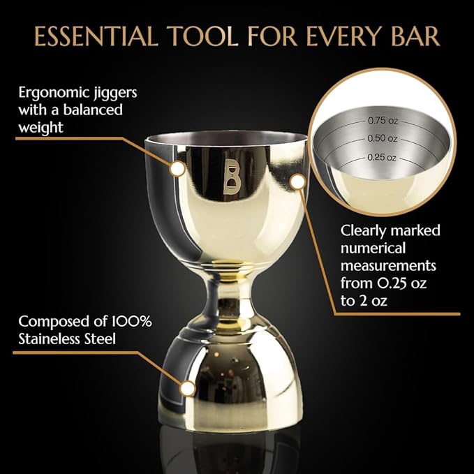 Double Bell Jigger by Bull In China - 0.25oz to 2oz Measures for Cocktails, Bars & Bartenders (Gold)