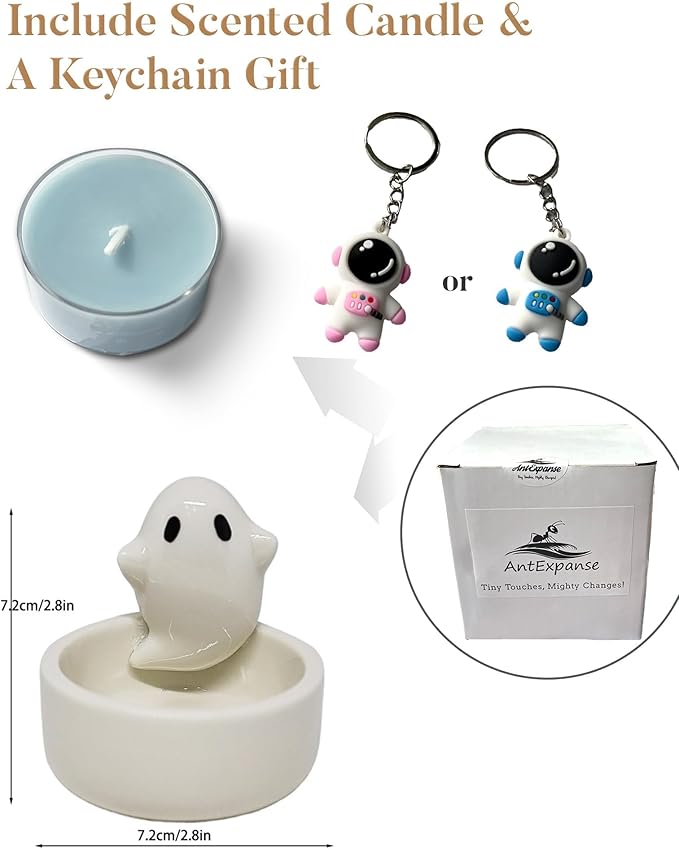 Ghost Candle Holder with Tea Light Candle, Cute Ceramic Ghost Tea Light Candle Holders, Handmade Candlestick, Halloween Decor, Gift for Girls Lovers Women, Scented Candle Included