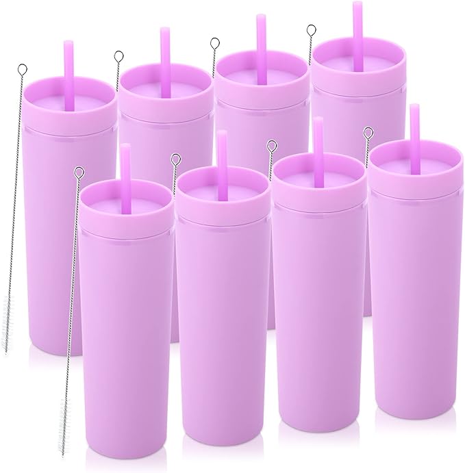 Volhoply 20oz Tumbler with Lid and Straw 8 Pack,Double Wall Plastic Skinny Tumblers Bulk,Reusable Travel Cute Coffee Mug,BPA Free Matte Acrylic Water Cups With Straw for Party,DIY Gift(Purple,8 Set)