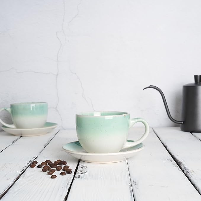 Bosmarlin Ceramic Cappuccino Cup and Saucer Set of 2, 10 Oz, Dishwasher and Microwave Safe, Coffee Cups for Latte, Espresso, Tea, Reavtive Glaze (Green)