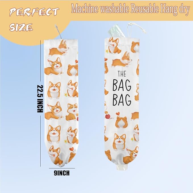 Dog Plastic Bag Holder, Wall Mount Grocery Bag Holder for Plastic Storage bag, Washable Storage Organizer Reusable Grocery Bags, Pull Rope Free Adjustment, Dog Lovers Gifts for Women