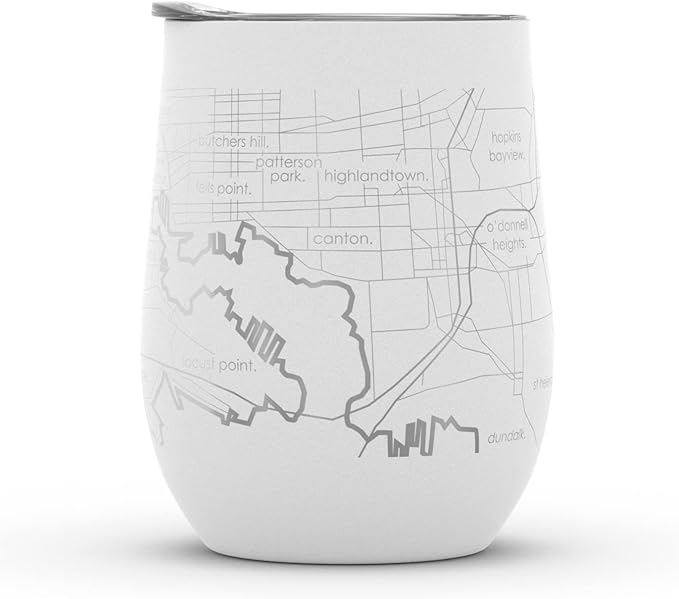 Well Told Engraved Baltimore Maryland Map Insulated Wine Tumbler, Etched Stainless Steel Wine Tumbler (12 oz, White) City Map Insulated Tumbler, Custom Insulated Tumbler, Outdoor Drinkware