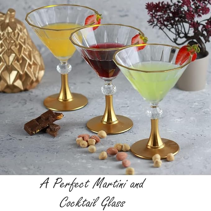 Gold Rim Crystal Martini Cocktail Glasses Glassware Drinkware Rimmed Drinking Trim Fancy Set of 6 Coupe Plated Glass Christmas Stem Stemmed Style Unique Bar Drink Handmade Holiday Luxury