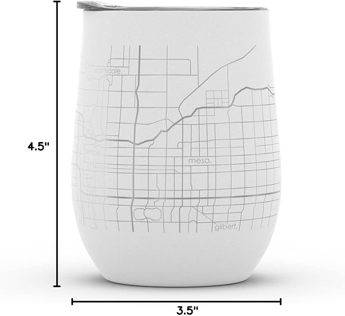 Well Told Engraved Phoenix Arizona Map Insulated Wine Tumbler, Etched Stainless Steel Wine Tumbler (12 oz, White) City Map Insulated Tumbler, Custom Insulated Tumbler, Outdoor Drinkware