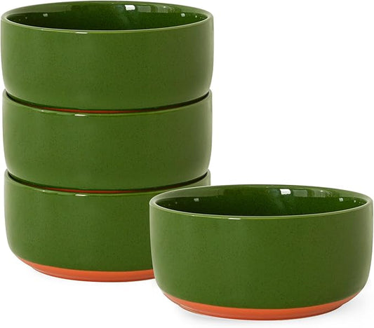 Stoneware Cereal and Soup Bowls Set of 4, 6-Inch Dual Glaze Ceramic Bowls for Breakfast & Oatmeal, Microwave and Dishwasher Safe, Forest Glaze Green