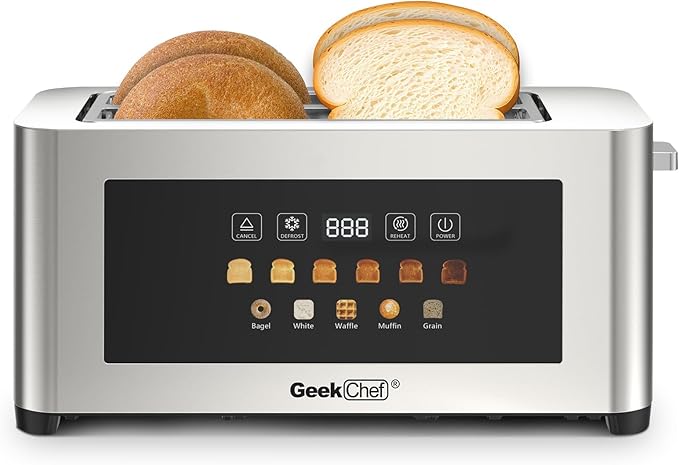 Geek Chef Touch Screen Toaster 4 Slice, 1.5" Extra Wide Slots for Bagels & Waffles, 6 Browning Levels, Timer, Reheat, Defrost, Cancel Function, Auto Shut-Off, Removable Crumb Tray, Stainless Steel