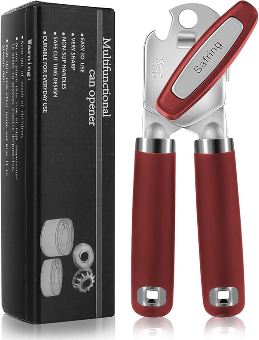 Can Opener Manual, Heavy Duty Handheld Strong Can Opener with Soft Touch Handle, Sharp Blade Smooth Edge, Can Openers with Multifunctional Bottle Opener, Red