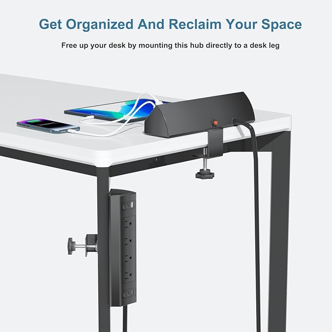 Desk Clamp Power Strip with 40W Total Fast Charging Station, 4 PD 20W USB C Ports, 4 AC Outlets, 1875W Surge Protectors, 6.5 FT Flat Plug Desk Clamp Power Strip Fit 1.9" Tabletop Edge