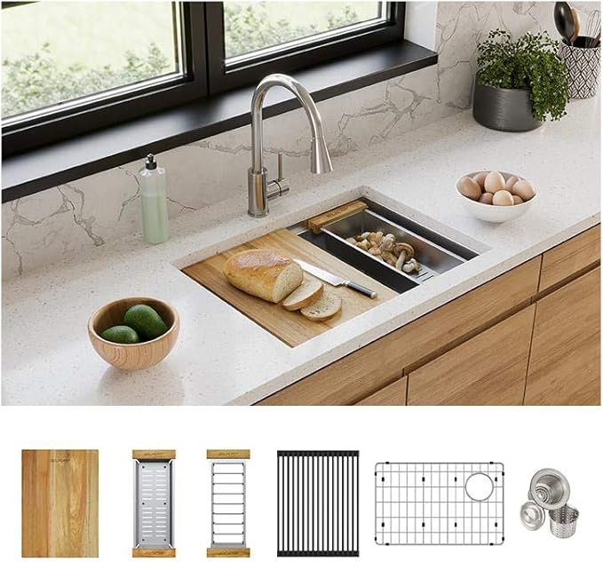 Elkay ECTRU24169RTWC Crosstown 25-1/2" Undermount Single Basin Stainless Steel Kitchen Sink with Basin Rack, Basket Strainer, Colander, and Cutting Board - Stainless Steel