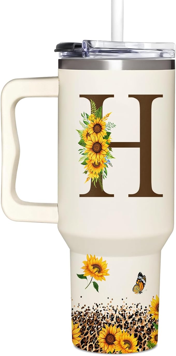 Personalized Birthday Gifts For Women - Sunflowers Monogrammed Cup For Boss Day, Christmas - Customized Gifts For Women, Mom, Wife, Coworkers, Boss Lady, Her - Custom Tumbler With Handle 40oz