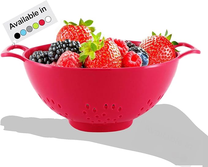 Meadow Lane 6-inch Small Colander, BPA-Free, Dishwasher Safe, Double Handles, Compact Food Strainer for Berries, Veggies and Pasta, 3-Cup Capacity, Cardinal Red