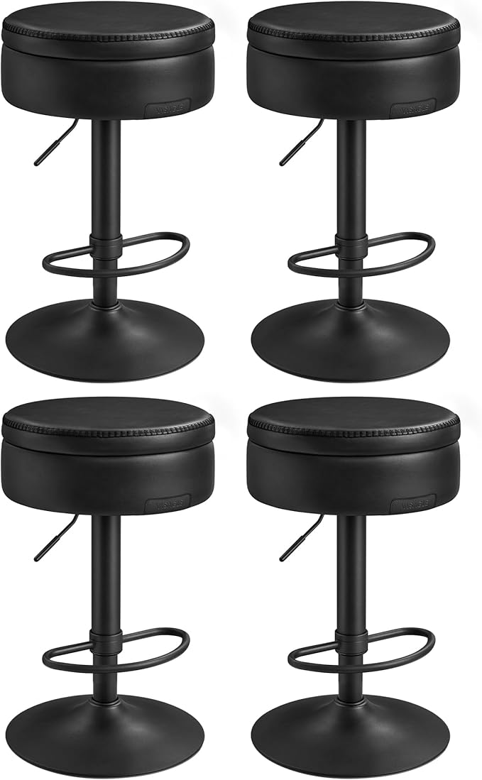 VASAGLE EKHO Collection - 360° Swivel Bar Stools Set of 4, Height Adjustable Barstools with Storage, Synthetic Leather with Stitching, Mid-Century Modern, Kitchen Bar, Easy Assembly, Ink Black