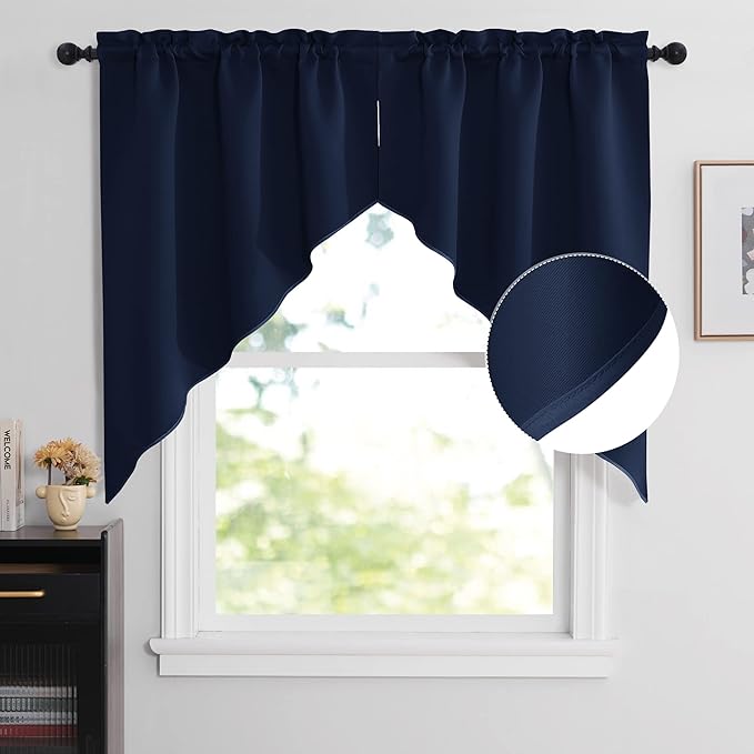 NICETOWN Valances and Tiers for Bathroom, Kitchen Farmhouse Style Short Curtain Shade Privacy Room Darkening Window Dressing Casual Weave Curtain Drapes, 2 Panels, W36 x L45, Navy