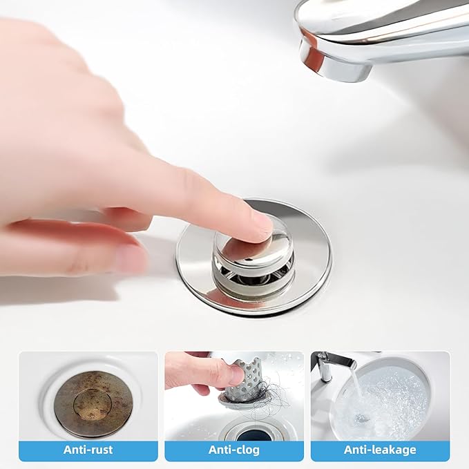 Bathroom Sink Drain Stopper, Universal Pop Up Drain for Bathroom Sink Replacement, Sink Drain Cover with Anti-Clogging Filter Basket Hair Catcher, 2 Pack Sink Drain Strainer for 1.1-1.45 Inch