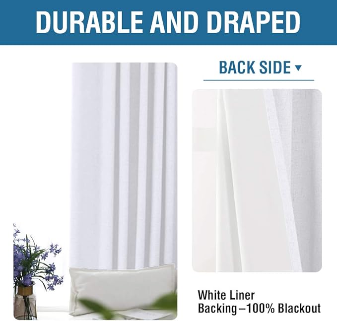 H.VERSAILTEX 100% Blackout Curtains for Bedroom 84 Inches Long Grommet Linen Face Full Light Blocking Curtain Drapes for Living Room Thermal Insulated Linen Look Curtains 2 Panels Set, Bright White