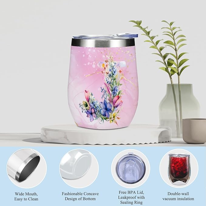 Personalized Gifts Monogrammed Birthday Gifts for Women, Maid of Honor Bachelorette Wedding Christmas Initial Wine Tumbler Makeup Bag Scented Candle Bracelet Set, (Aesthetic Pink Flower J)