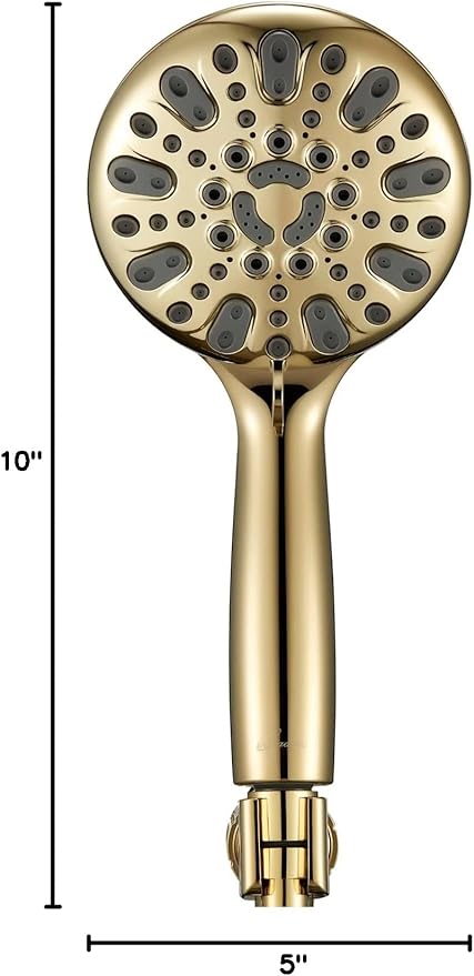 Handheld Shower Head, 6 Spray Setting High Pressure Shower Head with Brass Swivel Ball Bracket and Extra Long Stainless Steel Hose, Polished Brass, 5"