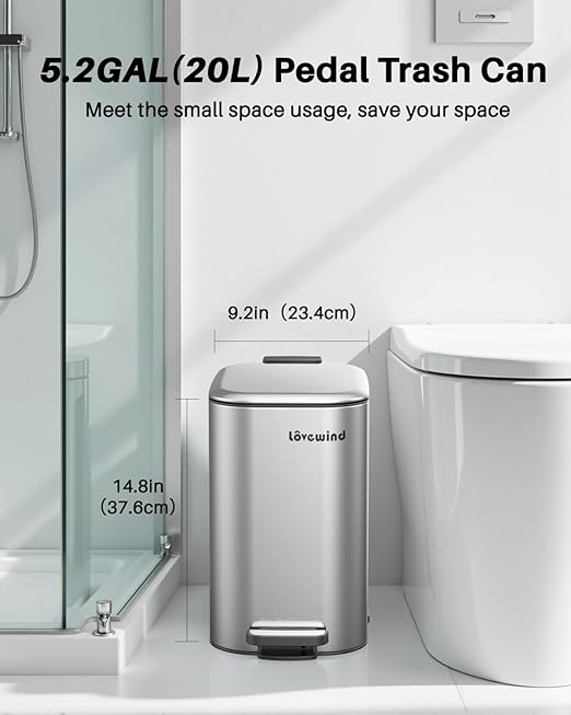 Lovewind Trash Can with Lid, 5.2 Gallon/20 L Footstep Garbage Can for Kitchen Bathroom Bedroom Home Office, 20 Liter Trash Bin Brushed Stainless Steel Waste Bin with Soft-Close Lid, Silver