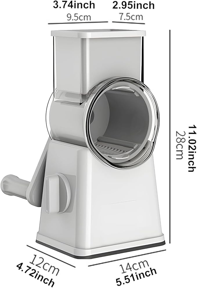 Rotary Cheese Grater, 6-in-1 Vegetable Shredder and Mandoline Slicer with 6 Stainless Steel Blades, Easy to Use & Clean Food Chopper with Dicing Blade (White)
