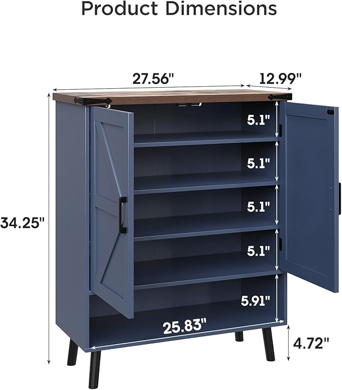 Vabches Farmhouse Shoe Storage Cabinet with Doors, 5 Tier Small Shoe Cabinet with Adjustable Shelves and Metal Legs, 34" Tall Shoe Rack Organizer for Entryway, Foyer, Navy Blue