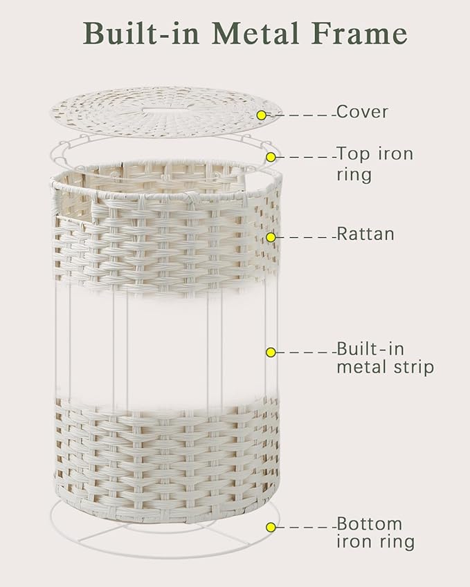 34.3 Gal (130 L) Large Laundry Hamper Laundry Basket Round Handwoven Wicker Laundry Baskets Rattan Laundry Basket with Removable Bag Handles 2 Mesh Bags for Living Room Bedroom White