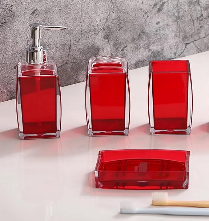 5 Pcs Red Acrylic Bathroom Accessories Set Complete, Lotion/Soap Dispenser, Soap Dish, Toothbrush Holder, Tumbler, Toilet Brush and Holder, Modern Bathroom Decor and Housewarming Gift Set,Red