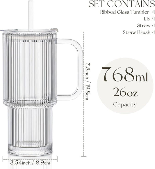 KEMORELA Large 26oz Clear Glass Mug with Handle and Sliding Lid – Aesthetic Ribbed Tumbler for Iced Coffee, Smoothies & Hot Drinks – Reusable Travel Cup with Straw, Dishwasher Safe (Ribbed Tumbler)