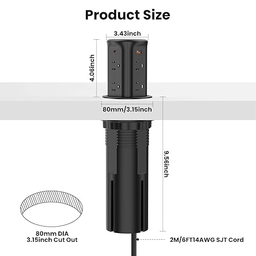 VILONG Pop Up Outlet with 15W Wireless Charger,4 USB Ports，8 Outlets,Space-Saving Concealed Design,Pop Up Countertop Receptacle for Conference Table,Kitchen Countertop (ETL Listed)