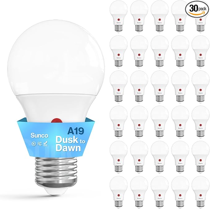 Sunco 30 Pack Dusk to Dawn LED Outdoor Light Bulb A19, Photocell Automatic for Exterior Lighting, 800 LM, 9W (60W Eqv.), 2700K Soft White, Auto On/Off Sensor, IP65 Rated UL