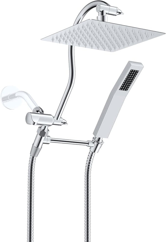 Hibbent All Metal Shower Head, 8'' High Pressure Rainfall Shower Head, Showerhead Combo, Handheld Shower Wand, 12'' Adjustable Curved Shower Extension Arm, 71'' Hose, Shower Head Holder, Chrome