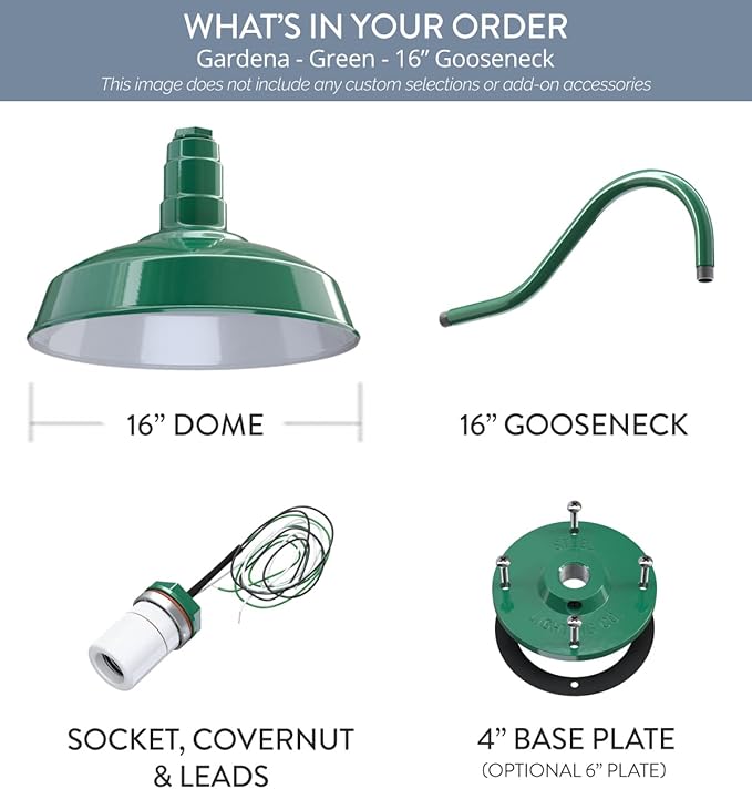 Steel Lighting Co. | Dusk to Dawn | Gardena Barn Light | Outdoor Wall Mounted | 16" Dome | 16" Gooseneck | Farmhouse Light Made in America | Green Exterior/White Interior