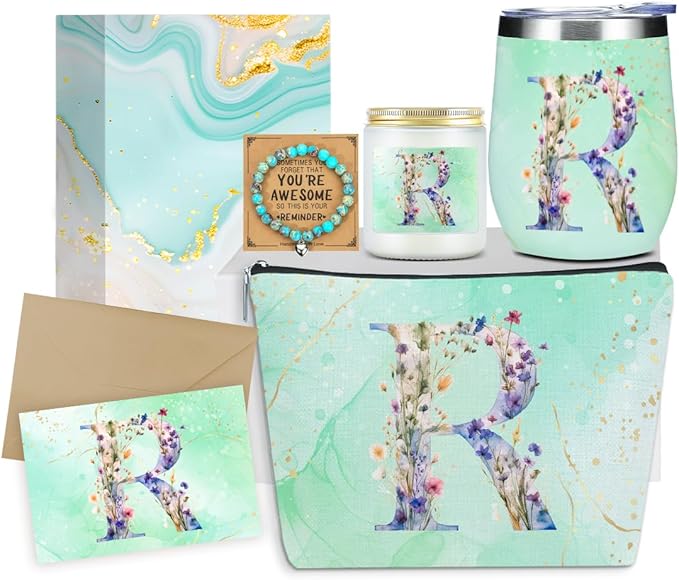 Personalized Gifts Monogrammed Birthday Gifts for Women, Mommy, Female Going Away Farewell Christmas, Initial Wine Tumbler Makeup Bag Scented Candle Bracelet Set, (Aesthetic Green Flower R) 1