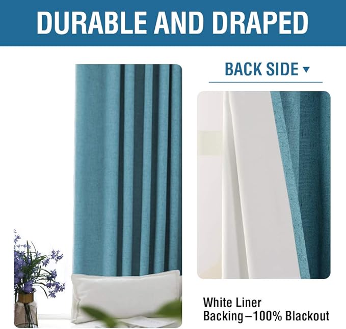 H.VERSAILTEX 100% Blackout Curtains for Bedroom 84 Inches Long Grommet Linen Face Full Light Blocking Curtain Drapes for Living Room Thermal Insulated Linen Look Curtains 2 Panels Set, Teal Blue