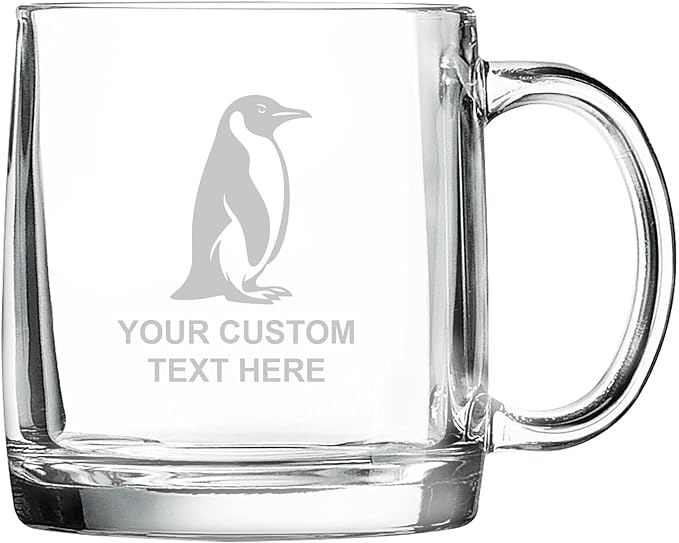 Penguin, Personalized 12.5 oz Polar Camel Glass Coffee Desk Mug – Custom Laser Engraved Clear Cup for Tea, Espresso, Latte, Whiskey - Microwave Safe/Made in USA