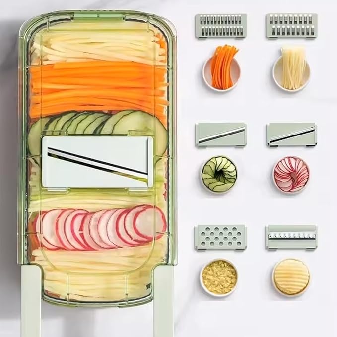 Vegetable Chopper,Food Slicer Cutter with Handheld Container, 6 Blades and Blade Box,Magnetic Kitchen Tools for Veggie Potato Onion Butter Carrot,Multipurpose Compact Kitchen Vegetable Slicer