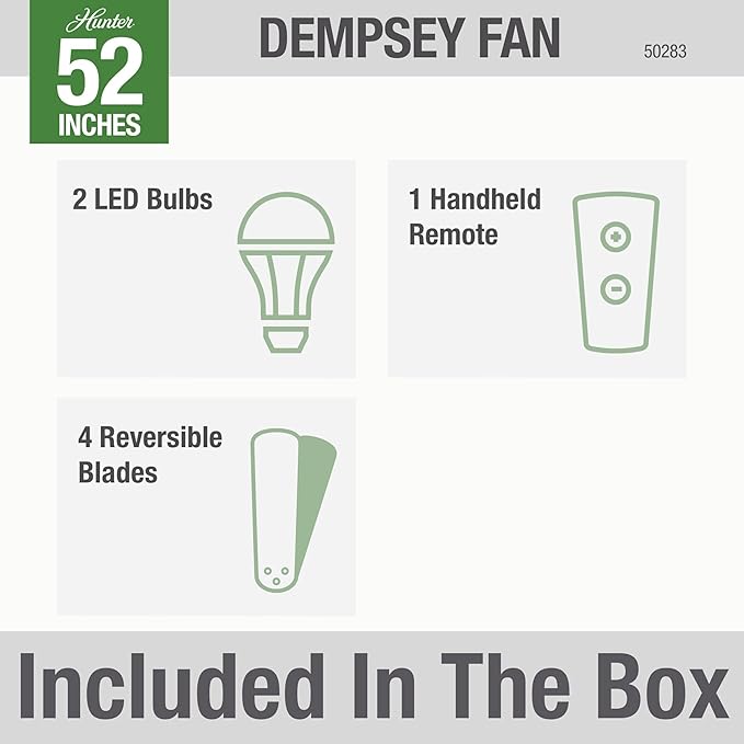Hunter 52 inch Indoor Ceiling Fan with LED Light and Remote Control- Modern Ceiling Fan, Low Profile Mount, 4 Light Gray Oak Blades, For Bedroom, Living Room, or Kitchen- Dempsey 50283, Brushed Nickel