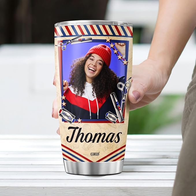 Personalized Photo Coffee Tumbler Barber Hair Stylist Travel Mug With Lid Custom Name Appreciation Birthday Gifts For Teens Men Boys Coworkers Insulated Cup Cold Steel Tumblers